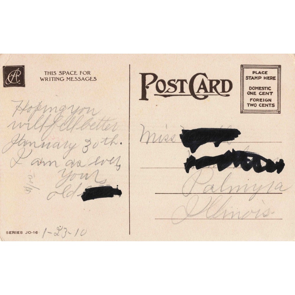 Vintage 1909 A Peach in an Apple Tree Postcard Series JO-16 Palmyra Illinois VG - Picture 2 of 2